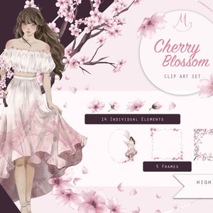 Kirschblüten Clip Art Set, einzelne Elemente und Rahmen, japanische Sakura, kommerzielle Nutzung, für Einladung, Planner Aufkleber, Scrapbook