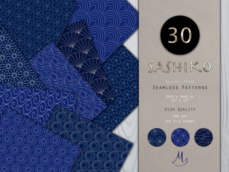 Sashiko Japanese Seamless Pattern 30 in 1 Digital Paper Pack Navy Blue Scrapbook Paper Instant Download Commercial Use Invitation Background image 1