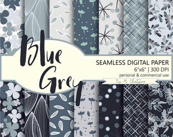 Blue Gray Floral Seamless Tileable Digital Paper Pack 6" x 6" Scrapbook Papers Printable Background Blog Invitation Planner Greeting Cards