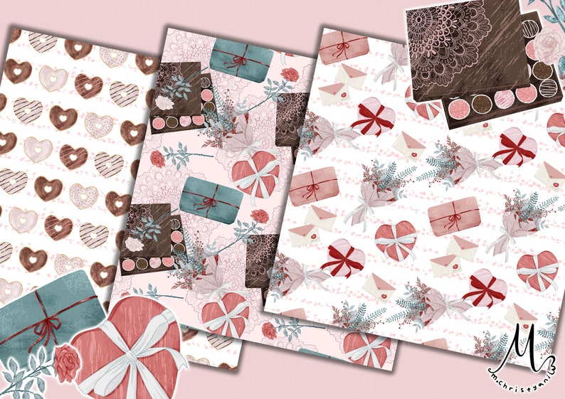 Valentinstag nahtlose Muster Digitalpapier, Scrapbook Papier, Stoff-Design, Geschenk-Wrap-Muster, von Hand gezeichnet Design, persönliche und kommerzielle Nutzung Bild 2