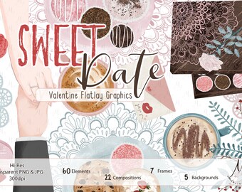 Flatlay Valentine Clip Art, invitación de boda, fecha de la imagen prediseñada, gráficos dibujados a mano, imprimibles, gráficos Flatlay, tarjeta de felicitación, día de San Valentín