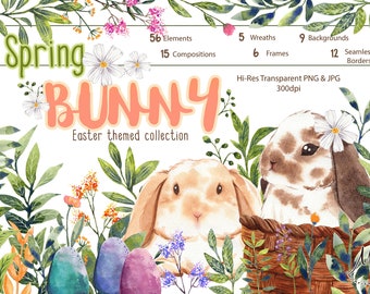 Spring Easter Bunny Clip Art Set, Watercolor Clip Art, Seamless Borders, Planner Graphics,Invitation, Planner Clip Art, Cute Animal, Rabbit