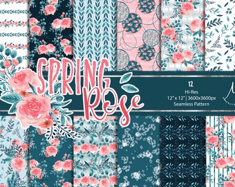Spring Rose Seamless Pattern Papier numérique, Papier Scrapbook Teal, Conception de tissu, modèle d’enveloppe de cadeau, conception dessinée à la main, utilisation personnelle et commerciale