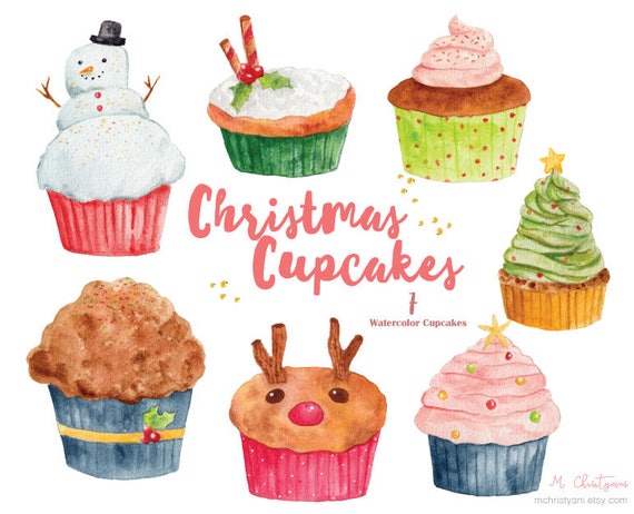 Christmas Cupcakes 7 Elements Clip Art PNG for Invitation Blog New Year,Watercolor Graphics,Scrapbook Watercolor Cake DIY Greeting Card