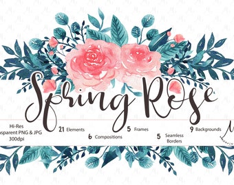 Spring Rose Floral Clip Art Set, Floral Backgrounds, Floral Frame, Pink and Teal Floral,Seamless Floral Borders, Wedding Graphics,Invitation