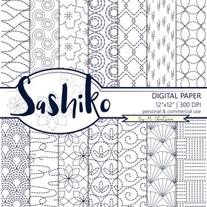 Sashiko Japanese Pattern Digital Paper Pack Navy Blue on White Scrapbook Paper Instant Download Commercial Use 12 x 12 Inches Invitation