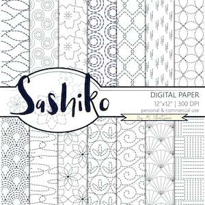 Sashiko japonais motif papier numérique Pack bleu marine sur blanc Scrapbook papier Téléchargement instantané utilisation commerciale 12 x 12 pouces Invitation