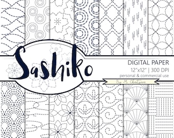 Sashiko Japanese Pattern Digital Paper Pack Navy Blue on White Scrapbook Paper Instant Download Commercial Use 12 x 12 Inches Invitation