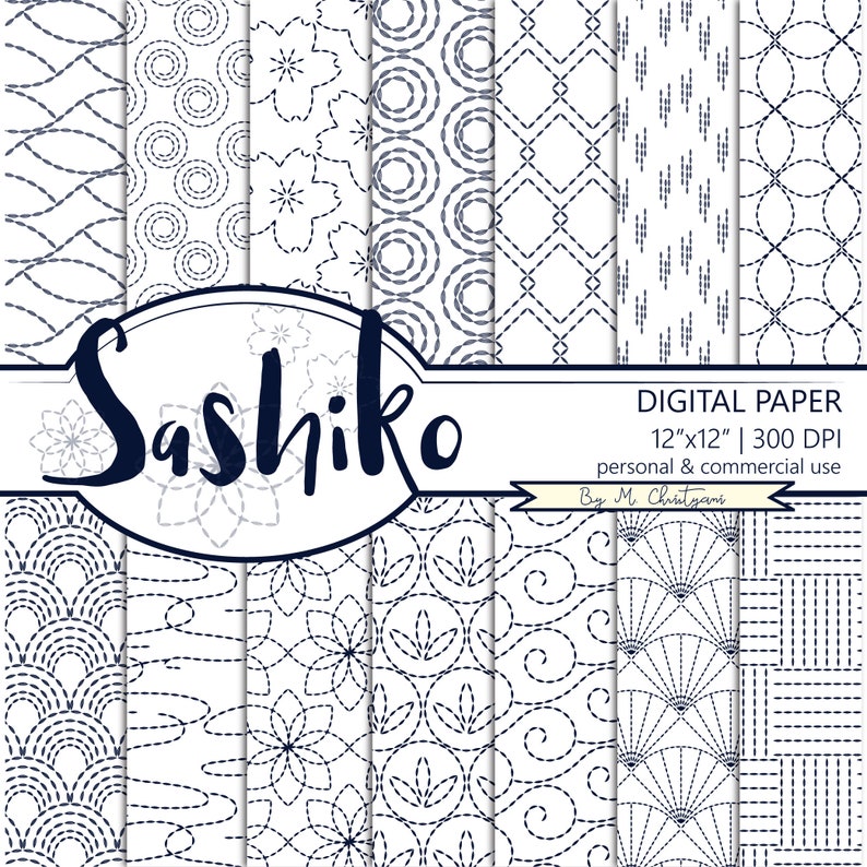 Sashiko Japanese Pattern Digital Paper Pack Navy Blue on White Scrapbook Paper Instant Download Commercial Use 12 x 12 Inches Invitation image 1