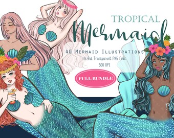 Tropical sirena Clip Art Full Bundle, Clipart Náutico, Gráfico de verano, ClipArt dibujado a mano, Clipart fantasía, Gráficos de pegatinas, Turquesa