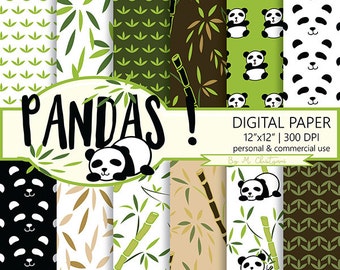 Panda Bamboo Pattern Digital Paper Pack Scrapbook Paper Instant Download Animal Graphics Commercial Use 12 x 12 Inches