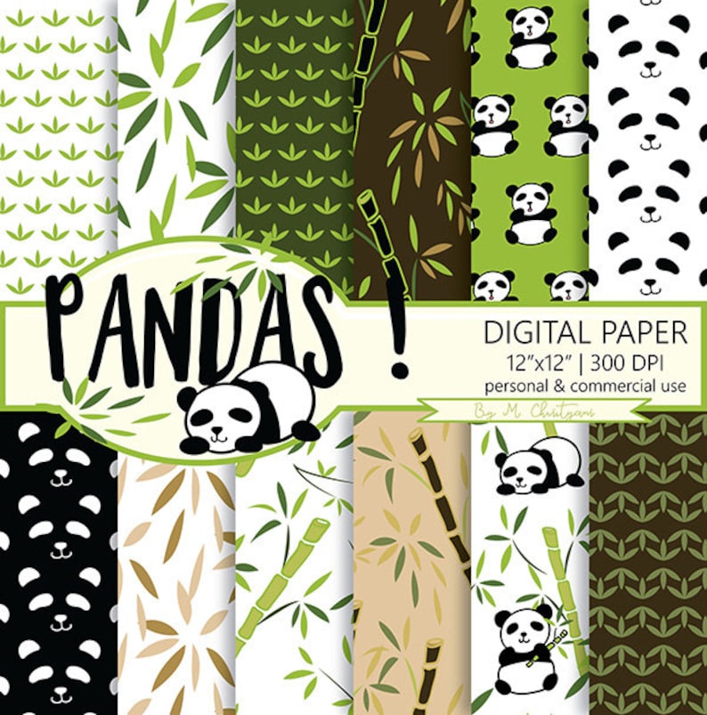 Panda Bamboo Pattern Digital Paper Pack Scrapbook Paper Instant ...