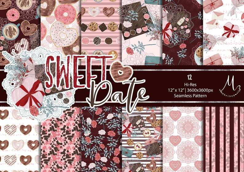 Valentine's Seamless Pattern Digital Paper,Scrapbook Paper,Fabric Design,Gift Wrap Pattern,Hand Drawn Design,Personal and Commercial Use imagen 1