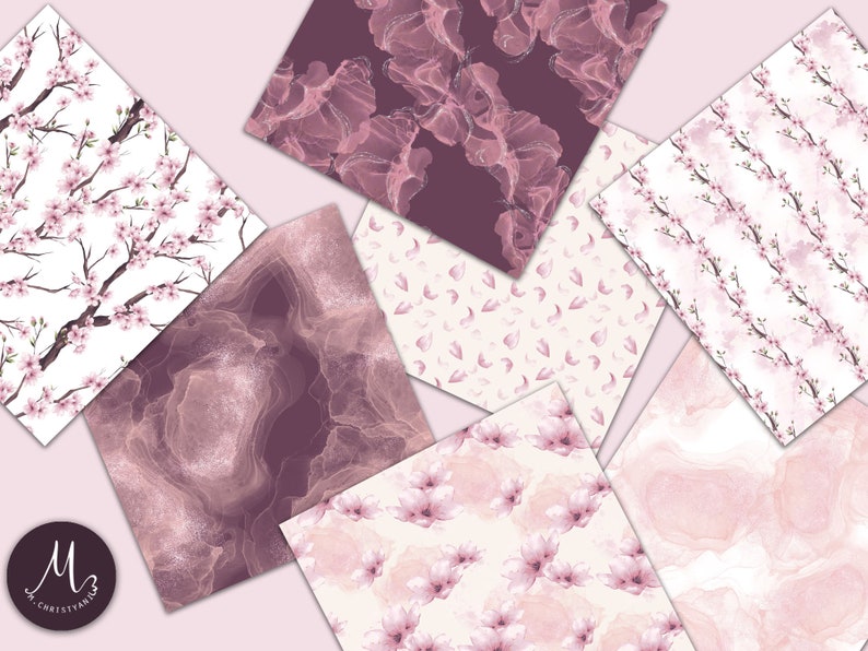Cherry Blossom Digital Paper Pack, Scrapbook Paper, Seamless Pattern, Japanese Sakura, Commercial Use 12 x 12 Inches, Invitation, Planner image 2