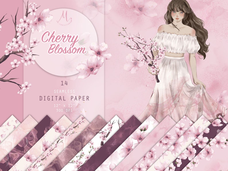 Cherry Blossom Digital Paper Pack, Scrapbook Paper, Seamless Pattern, Japanese Sakura, Commercial Use 12 x 12 Inches, Invitation, Planner image 1