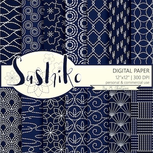 Paquete de papel Digital de patrón japonés Sashiko, papel de Scrapbook azul marino, descarga instantánea, uso comercial, fondo de invitación de 12 x 12 pulgadas
