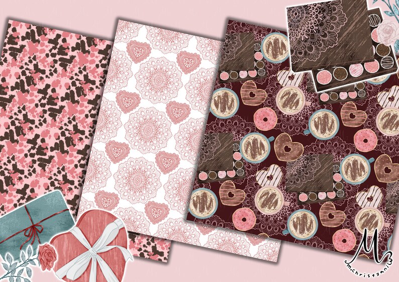 Valentinstag nahtlose Muster Digitalpapier, Scrapbook Papier, Stoff-Design, Geschenk-Wrap-Muster, von Hand gezeichnet Design, persönliche und kommerzielle Nutzung Bild 3