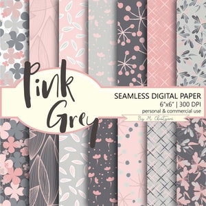 Rosa grau Floral nahtlos kachelbare digitale Papier Pack 6 "x 6" Scrapbook Papiere druckbare Hintergrund Blog Einladung Planer Grußkarten