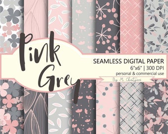 Pink Gray Floral Seamless Tileable Digital Paper Pack 6" x 6" Scrapbook Papers Printable Background Blog Invitation Planner Greeting Cards