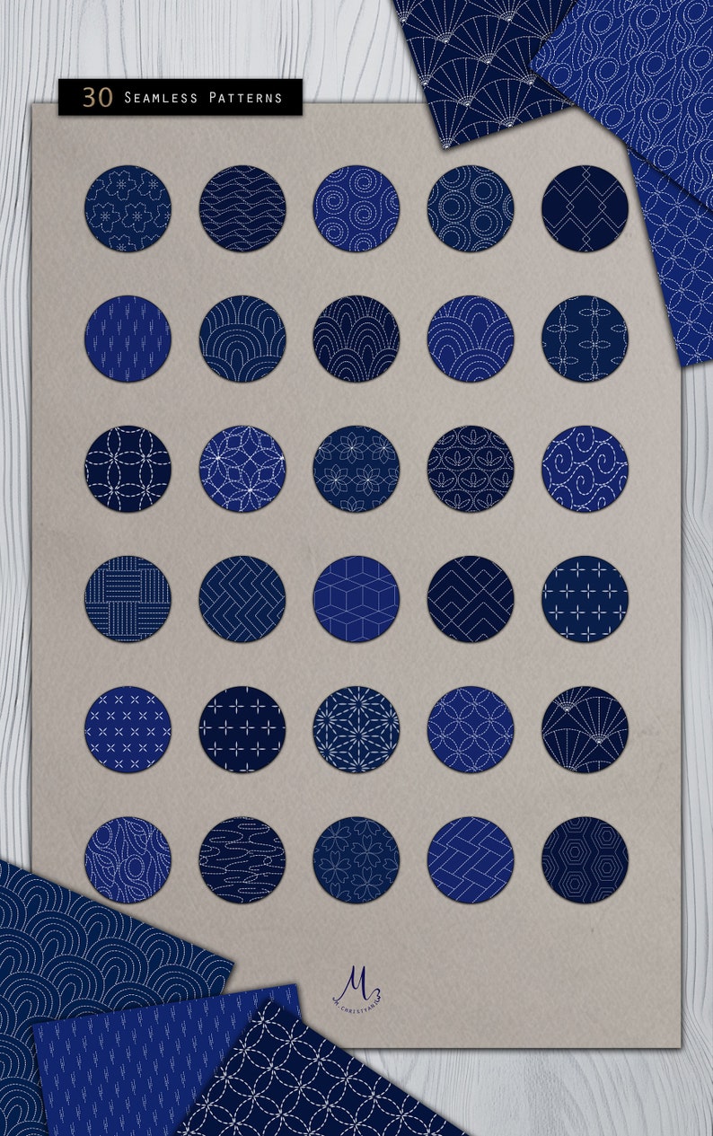 Sashiko Japanese Seamless Pattern 30 in 1 Digital Paper Pack Navy Blue Scrapbook Paper Instant Download Commercial Use Invitation Background image 2