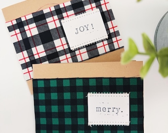 Christmas Cards | Handmade | Fabric Sewn | Hand Stamped | Christmas Hymn Carol | Kraft | Buffalo Plaid