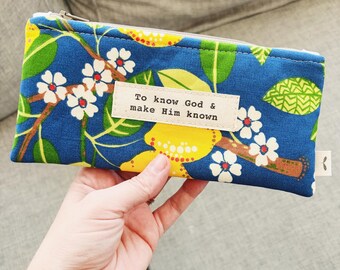 Handmade Floral Zipper Pouch: Christian Homeschool Gift, Tutor Present (9" x 4")