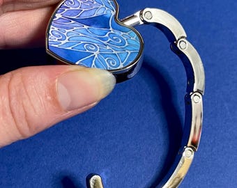 Heart Shaped Fold Up Handbag Hook - Dragonflies Blue Aqua Folding Shopping Bag Hanger - Portable Purse Hook - keep your handbag safe!