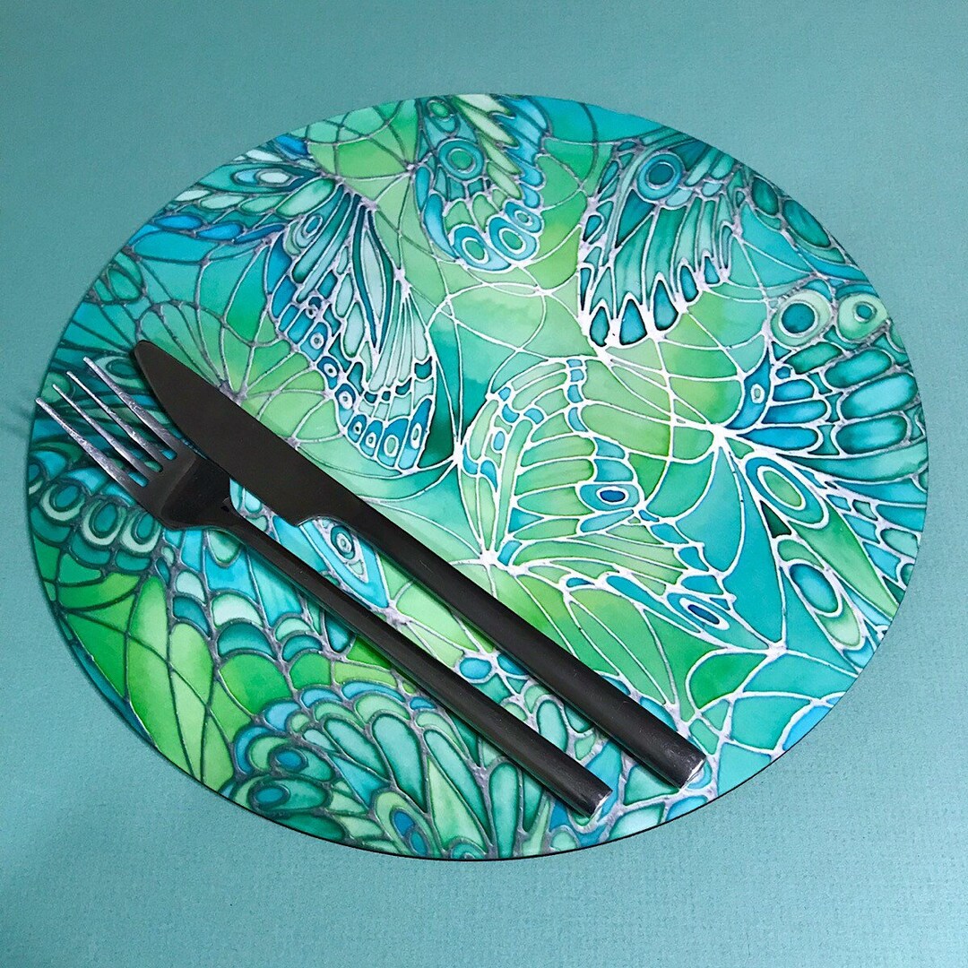 Green Round Table Mat & Drinks Coaster Set Mint Butterfly Etsy