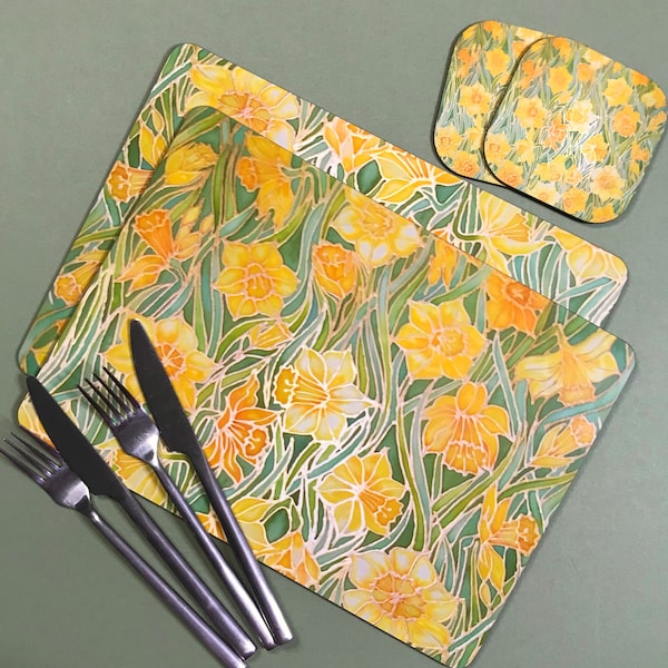 Cheerful Daffodils Rectangular Placemats and Coasters - Yellow Green Dining Decor - Floral Table Mats - Hard Wearing Melamine Style