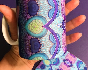 Persian Ornate Coffee Mug OR Ceramic Mug & Coaster Box Set - Blue Green Purple and Turquoise Kitchenware - Tea Lover Gift