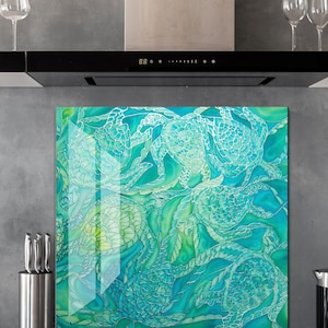 May include: Abstract kitchen backsplash with a teal and green design featuring a swirling pattern of overlapping leaves and vines.