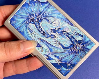 Deep Blue Dragons Business Card Case - Metal Business Card Holder - Blue Love Dragons Print card case -  Introduction Card case