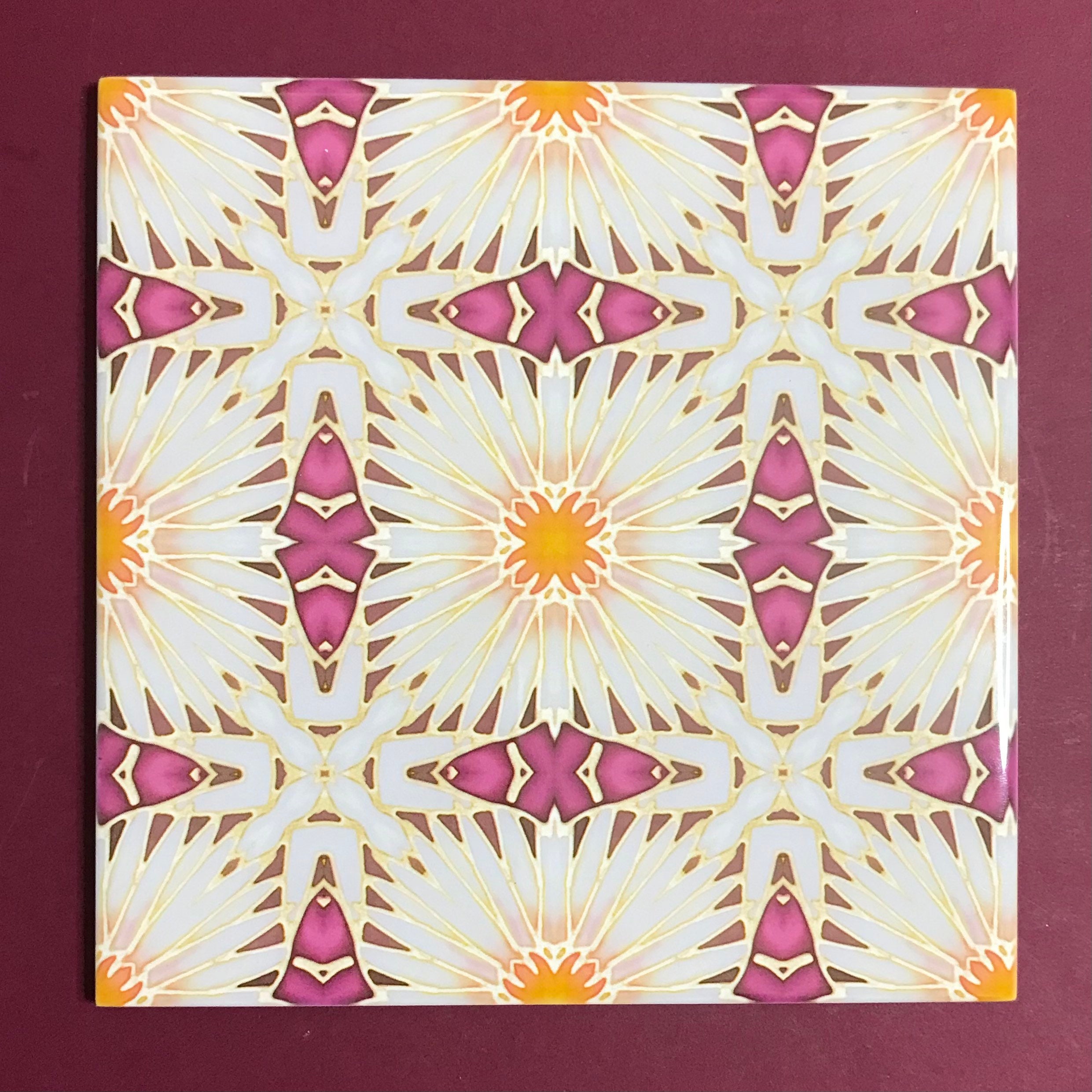 Plum White Gold Art Deco Daisy Flower Hand Printed Wall Tile - Bathroom ...