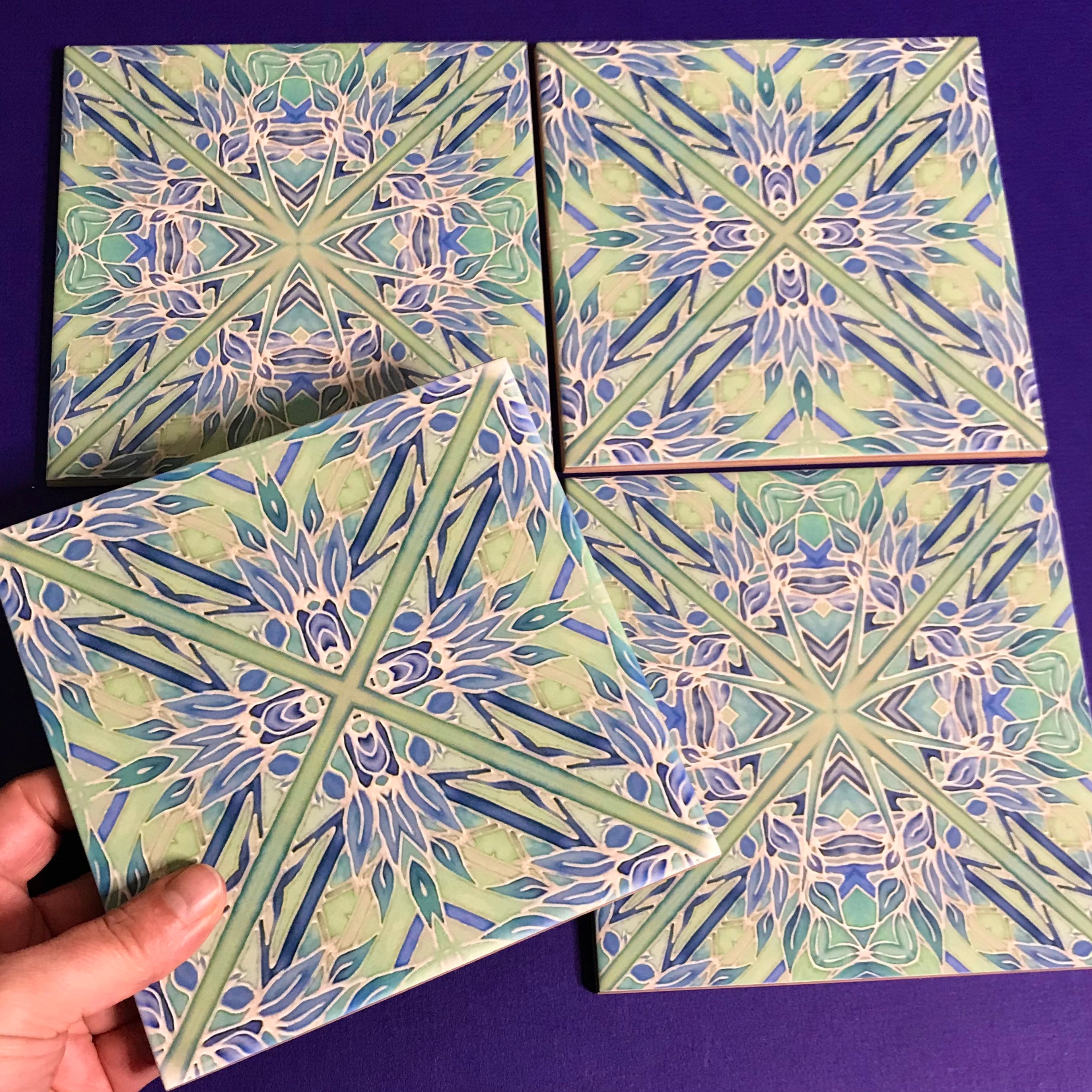 Mixed Set Hand Printed Tiles Kaleidoscope Tile Art in Mint Etsy
