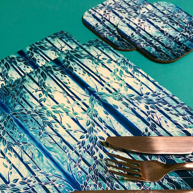 Teal Blue Placemats and Coasters Trees Rectangular Dining Etsy
