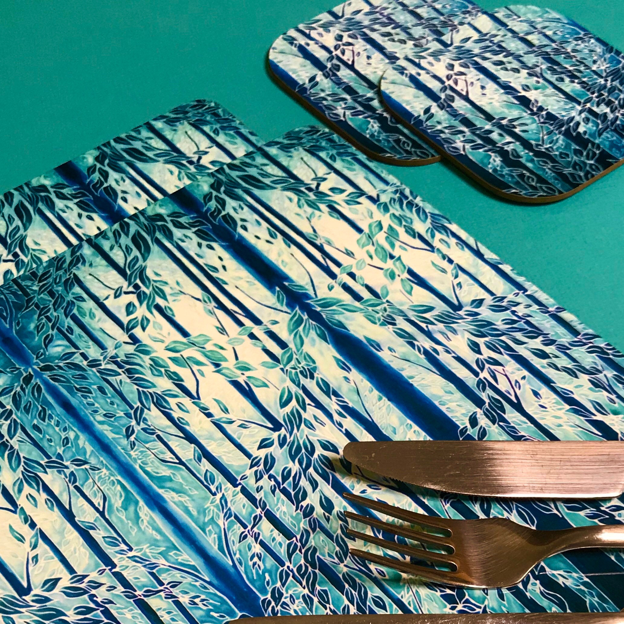 Teal Blue Placemats and Coasters Trees Rectangular Dining Etsy