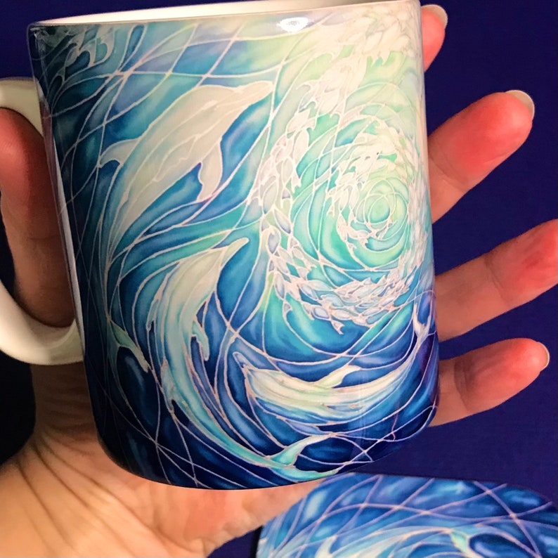 Extra Large Dolphins Mug. Blue Aqua mugs in BIG & standard sizes.  mug & coaster box set. nature lovers gift set. Sealife lovers gift. dolphin lovers gift. gift for him. gift for teacher. gift for her. tea coffee lovers gift.