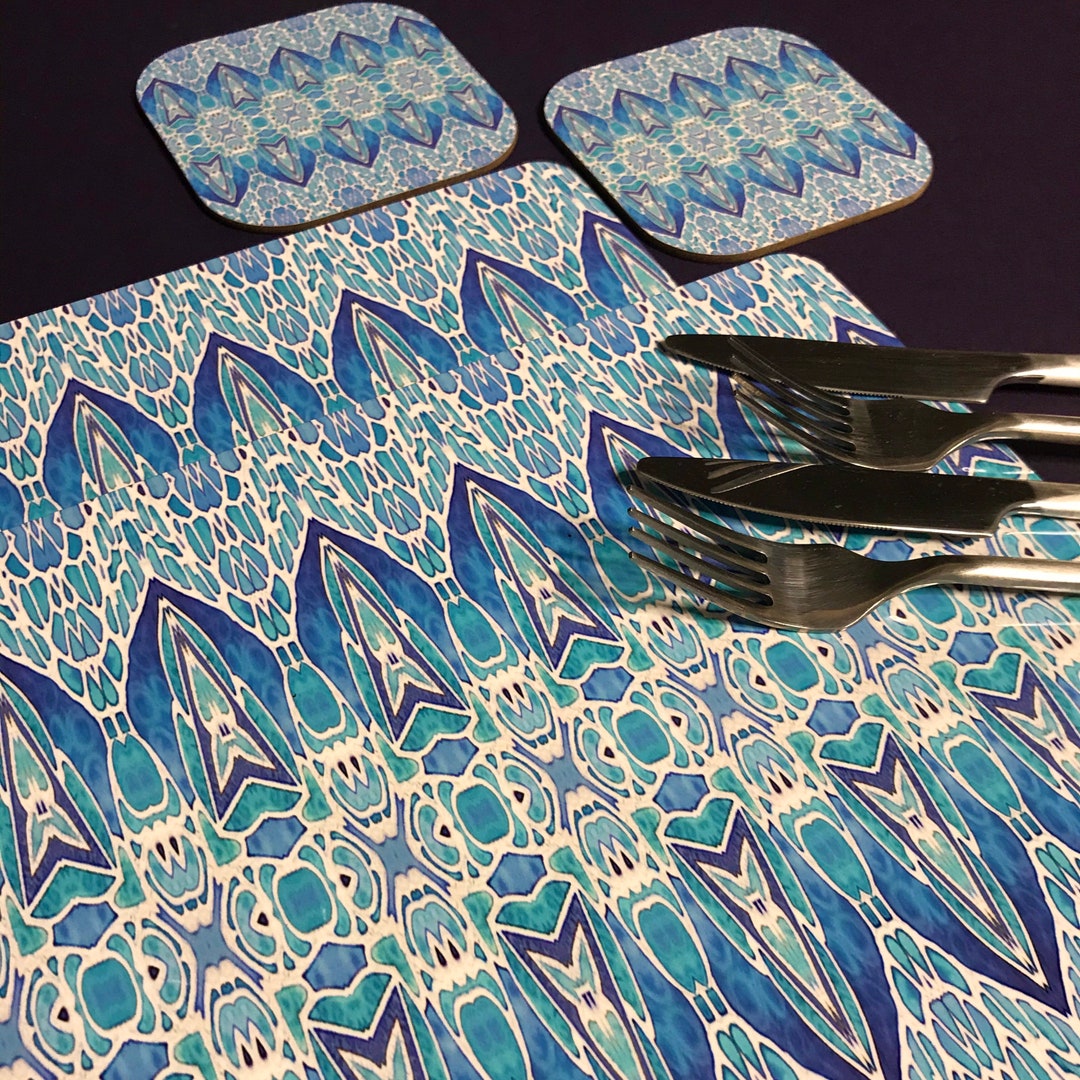 Blue Aqua White Ice Crystals Nordic Style Table Mat & Drinks Coaster