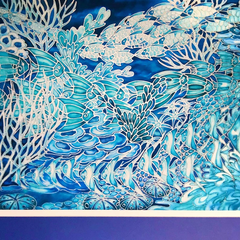 coral reef large art piece in blues and aquas. limited edition signed art print from an original painting on silk by Meikie. 65x85cm unmounted print with 2.5cm border, printed area 60x80cm.