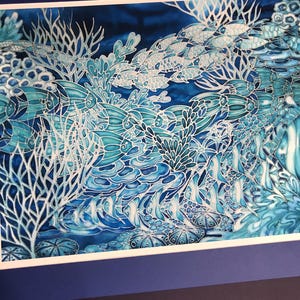 coral reef large art piece in blues and aquas. limited edition signed art print from an original painting on silk by Meikie. 65x85cm unmounted print with 2.5cm border, printed area 60x80cm.