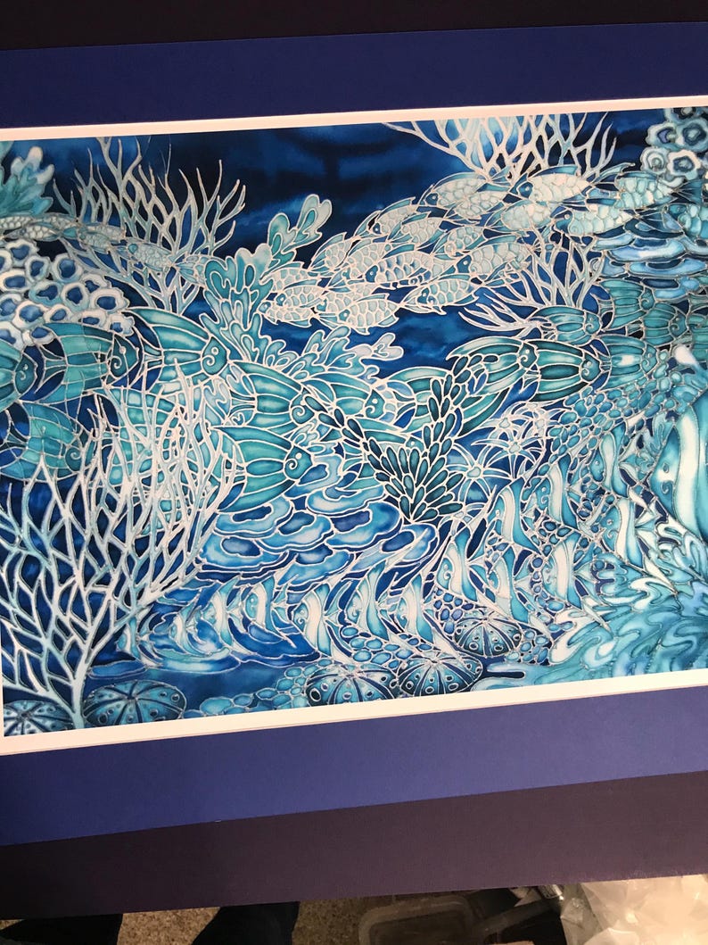 coral reef large art piece in blues and aquas. limited edition signed art print from an original painting on silk by Meikie. 65x85cm unmounted print with 2.5cm border, printed area 60x80cm.