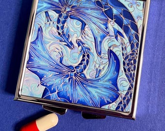 Deep Blue Dragons Pocket Pill Box - Large Pill Container for Handbag - Blue & aqua Bathroom Decor - Gift for Grandma, Mum or Friend