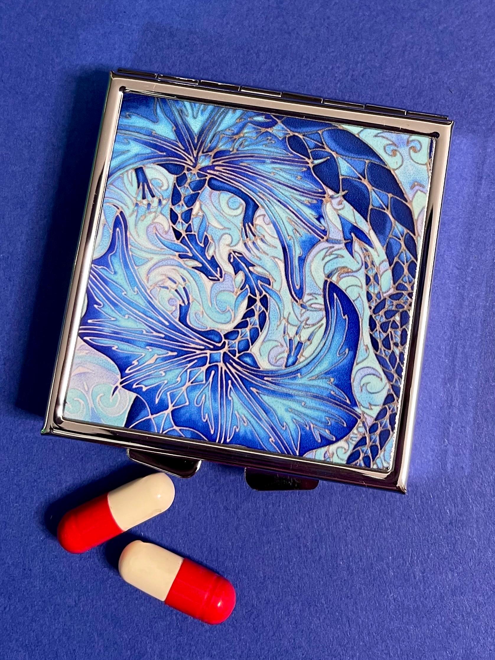 Deep Blue Dragons Pocket Pill Box - Large Pill Container for