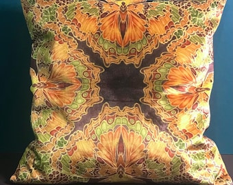 Velvet Throw Pillow Golden Kaleidoscope Butterfly en terre cuite verte et or - Statement Luxury Settee Canapé Coussin Accent Oreiller