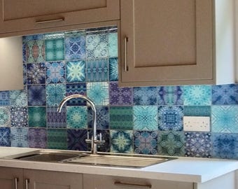 Blue Ferattoo - Blue Green Mixed Set of 50 Hand Printed Tiles - Kaleidoscope Repeats Patterned in Green Blue - Bathroom or Kitchen Wall Tile