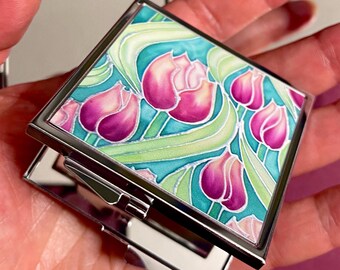 Pretty Pink Tulips Handbag Mirror - Pink and Green Flowers Compact Folding Pocket Makeup Mirror Gift for Her.