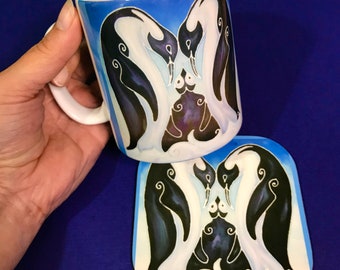 Pinguin Keramikbecher & Untersetzer Box Set - oder nur Becher - Niedliche Pinguine Kaffeetasse - Pinguin Familie Geburtstagsgeschenk - Schwarz, Weiß und Blau Becher