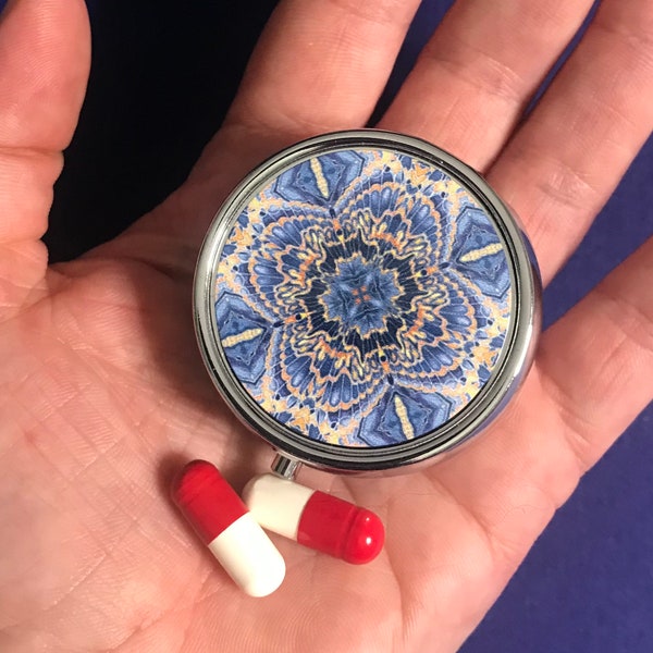 Cool Grey Blue Orange Butterfly Moth Pill Container - Small Pocket Pill Box - Handbag Tablets Case - Get Well Gift