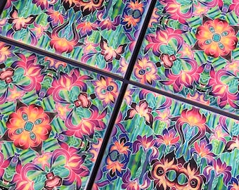 Bohemian Purple Iris Mixed Set Hand Printed Tiles - Kaleidoscope  colours - Bathroom Wall Tile - Kitchen Tile Art - Modern Tiles