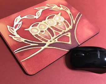 Cute Owl Lovers Mouse Mat - SALE Now 30% off - Family of Owls Mouse Pad - Rust Terracotta Computer Mouse Mat - Office Valentine Gift